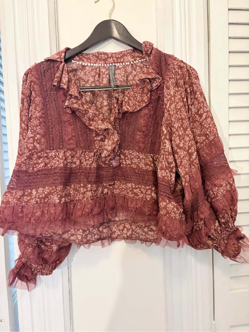 Anthropologie Rose-Mauve Floral Ruffle Blouse